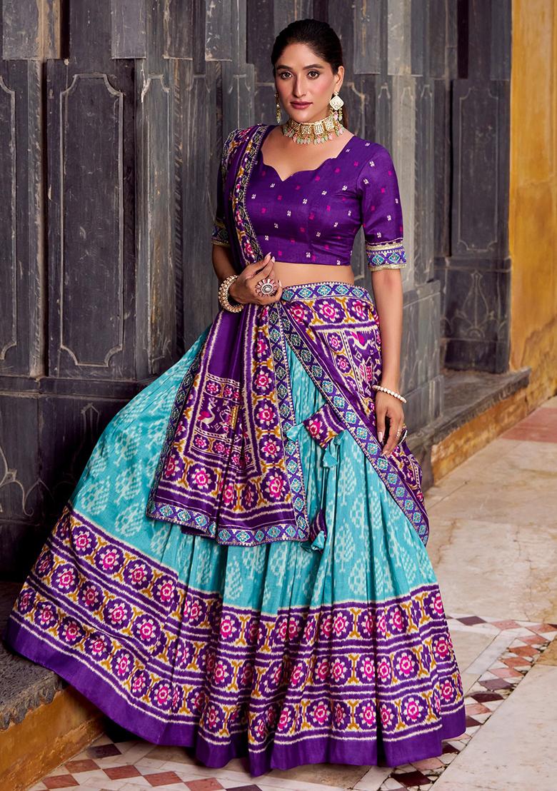 Sky Blue Printed Silk Lehenga Set - Indya