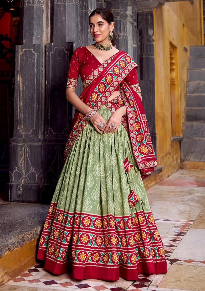 Olive Green Printed Silk Lehenga Set