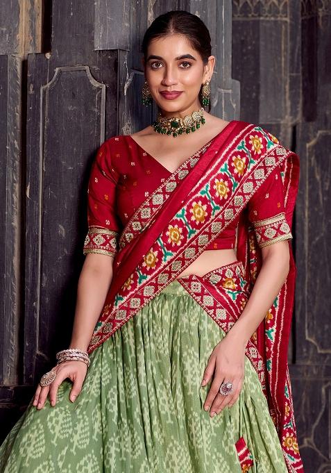 Olive Green Printed Silk Lehenga Set