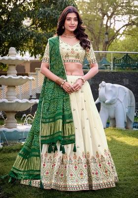 Off White Embroidered Cotton Lehenga Set