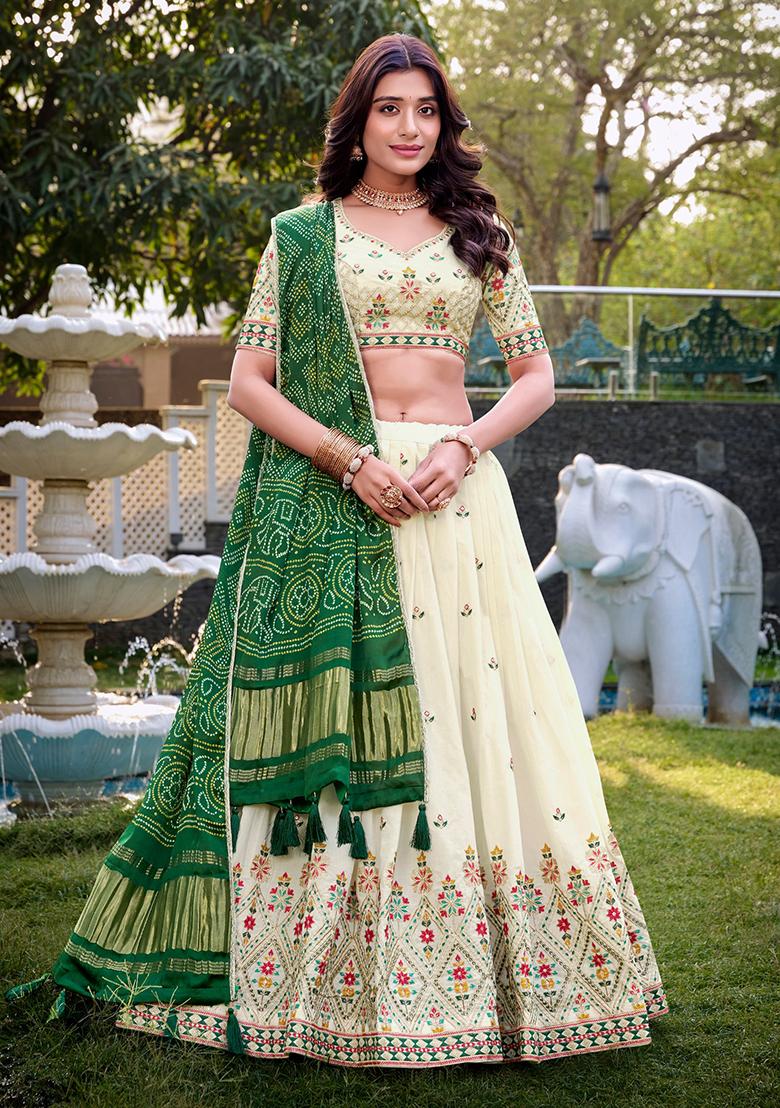 Off White Embroidered Cotton Lehenga Set