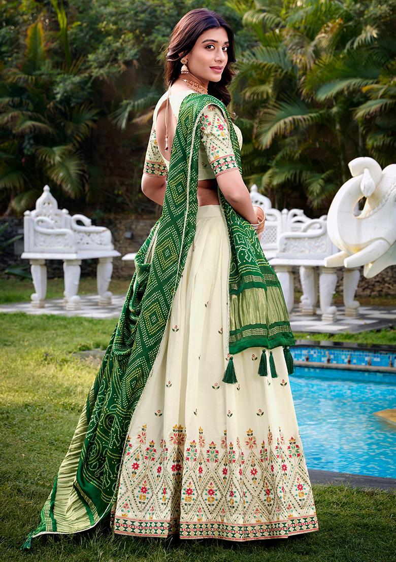 Off White Embroidered Cotton Lehenga Set