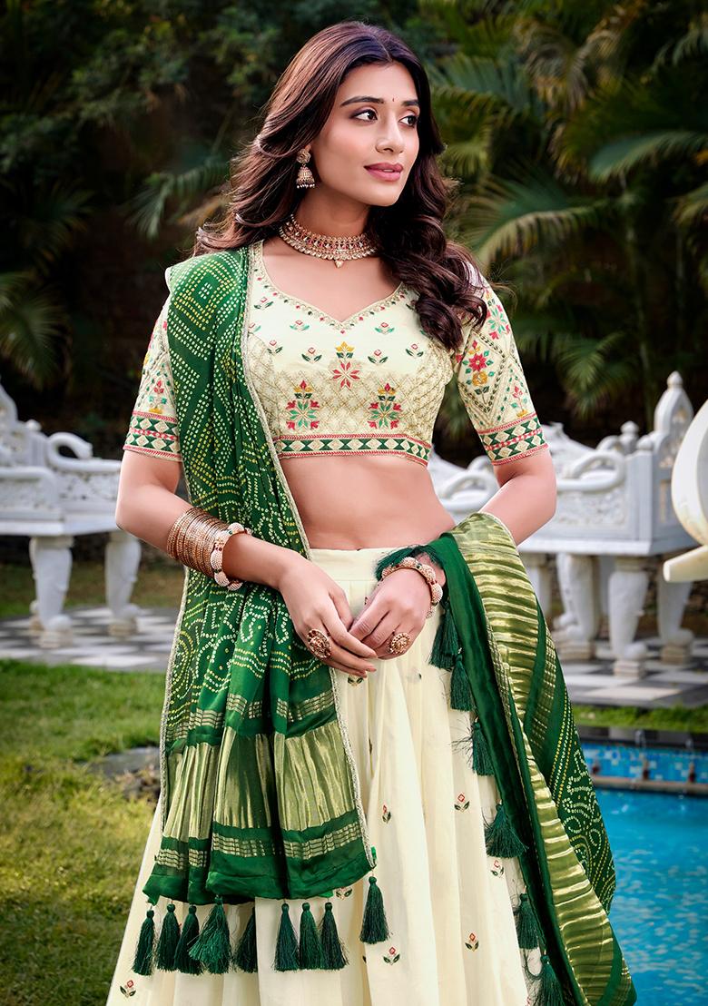 Off White Embroidered Cotton Lehenga Set - Indya