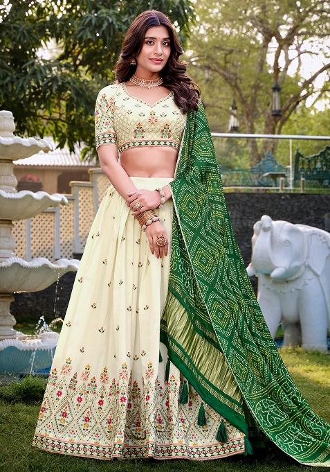 Off White Embroidered Cotton Lehenga Set