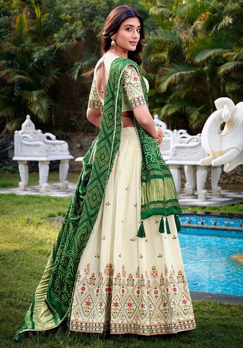 Off White Embroidered Cotton Lehenga Set