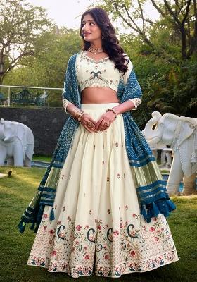 Off White Embroidered Cotton Lehenga Set
