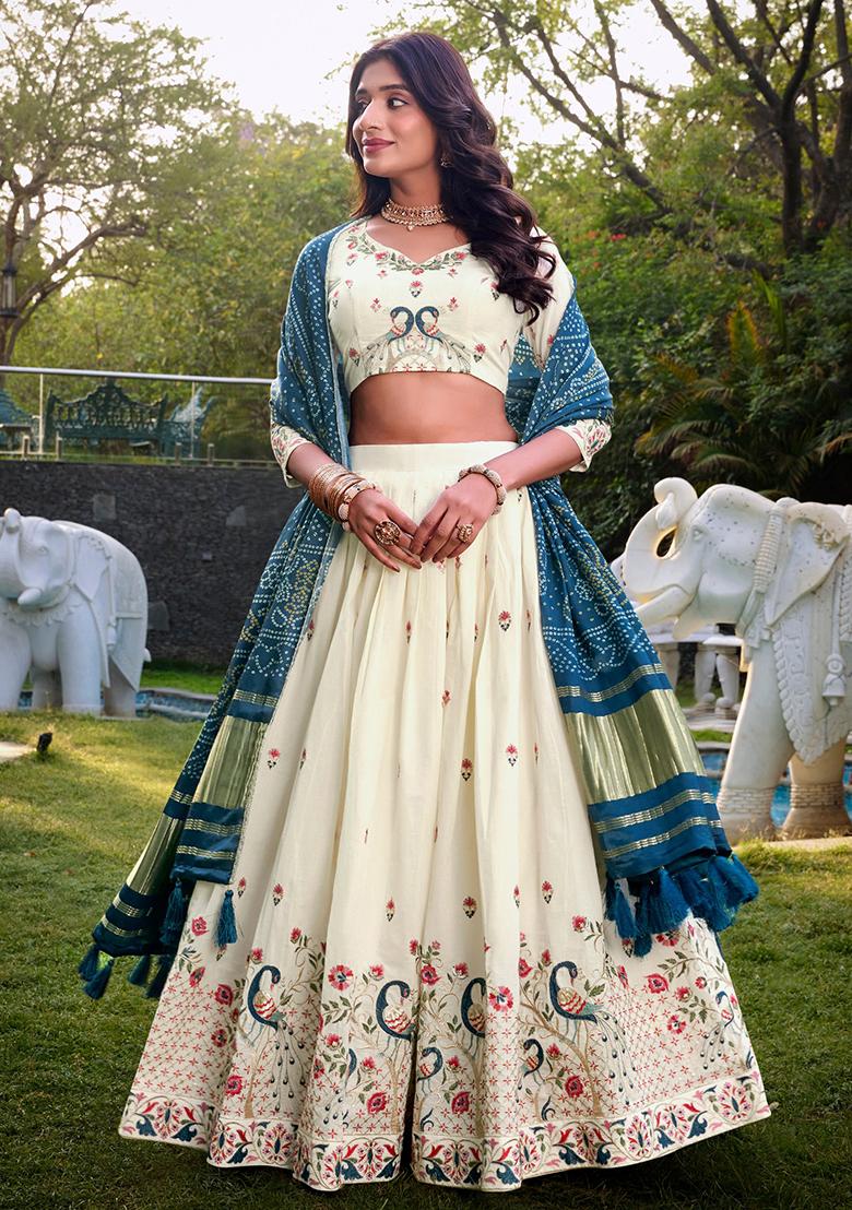 Off White Embroidered Cotton Lehenga Set