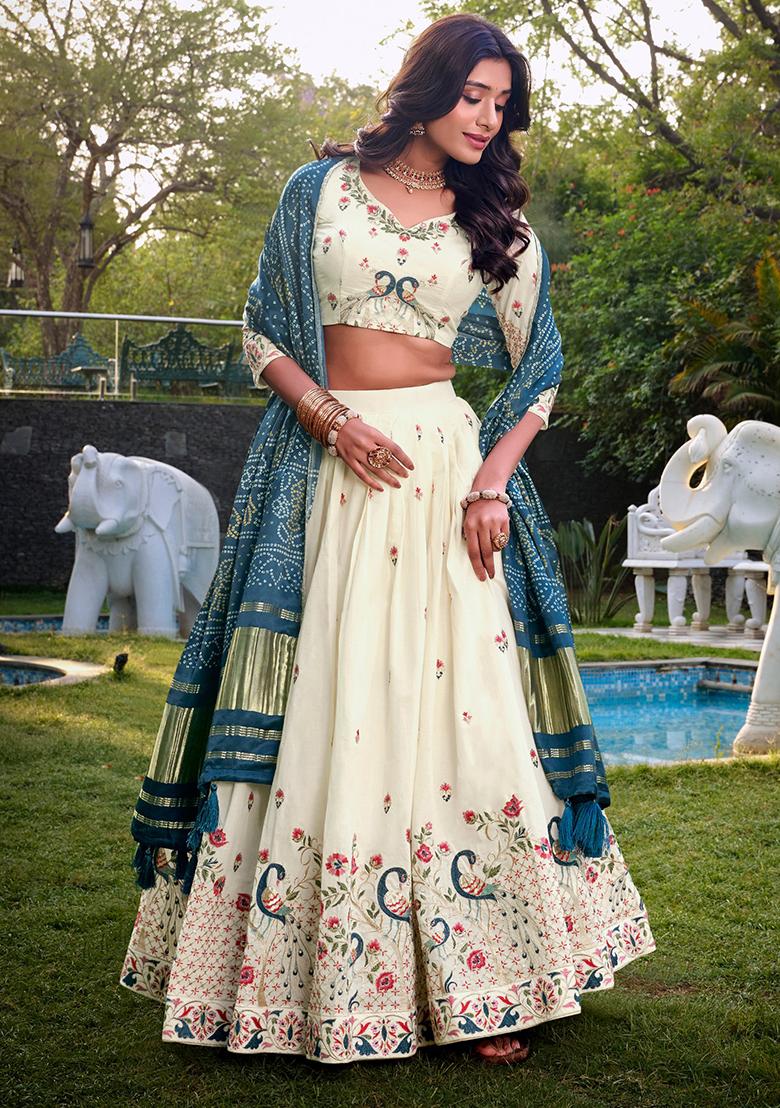 Off White Embroidered Cotton Lehenga Set - Indya