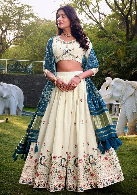 Off White Embroidered Cotton Lehenga Set