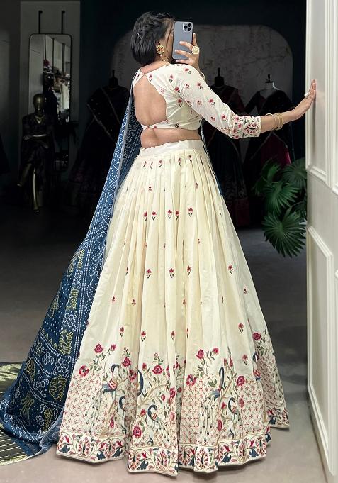 Off White Embroidered Cotton Lehenga Set