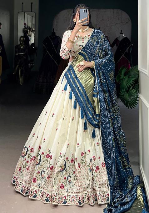 Off White Embroidered Cotton Lehenga Set