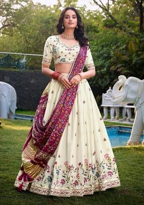 Off White Embroidered Cotton Lehenga Set