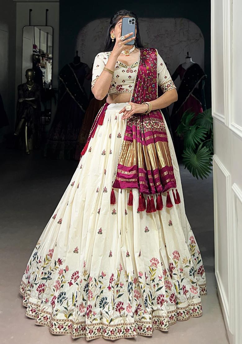 Off White Embroidered Cotton Lehenga Set - Indya