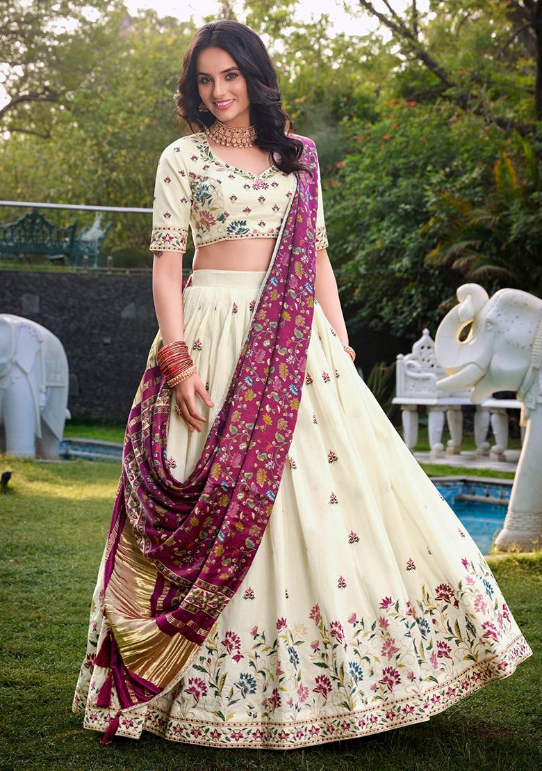 Off White Embroidered Cotton Lehenga Set - Indya