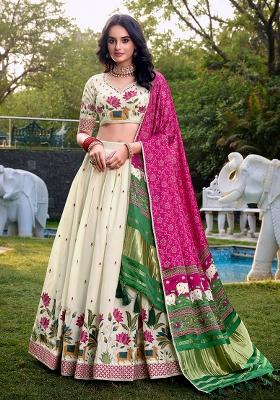 Off White Embroidered Cotton Lehenga Set