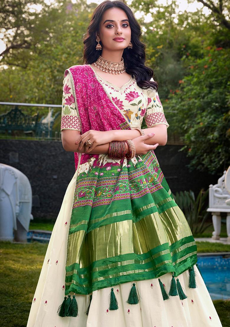 Off White Embroidered Cotton Lehenga Set - Indya