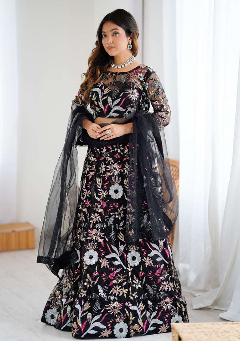 Black Embroidered Net Lehenga Set - Indya