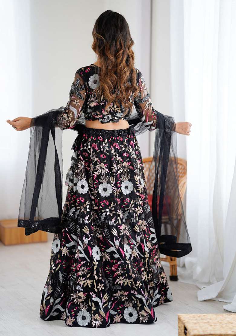Black Embroidered Net Lehenga Set - Indya