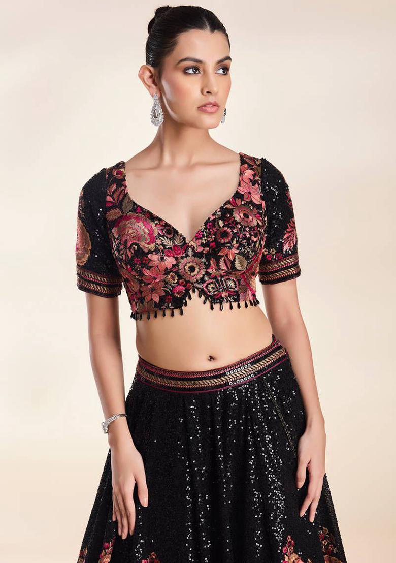 Black Embroidered Georgette Lehenga Set - Indya