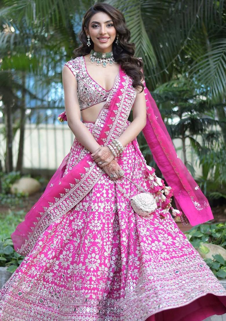 Pink Embroidered Georgette Lehenga Set - Indya