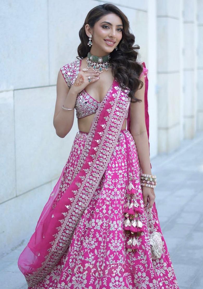 Pink Embroidered Georgette Lehenga Set - Indya