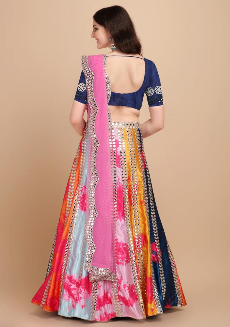 Multicolor Embroidered Satin Lehenga Choli