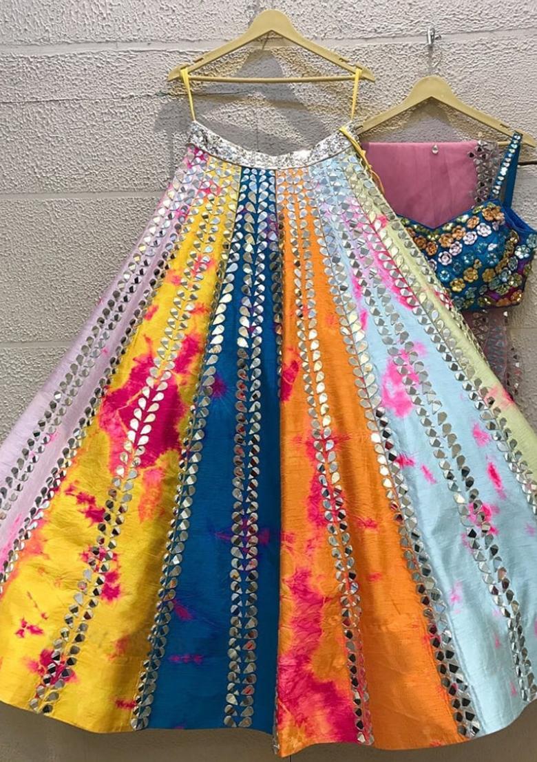 Multicolor Embroidered Satin Lehenga Choli