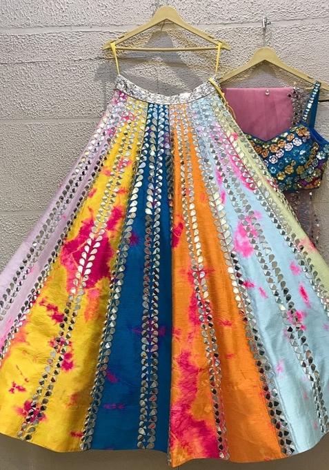 Multicolor Embroidered Satin Lehenga Choli