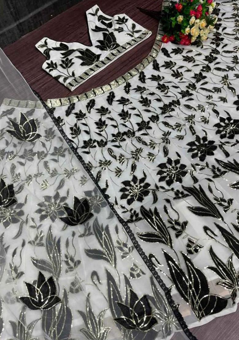Black And Off White Embroidered Georgette Lehenga Choli