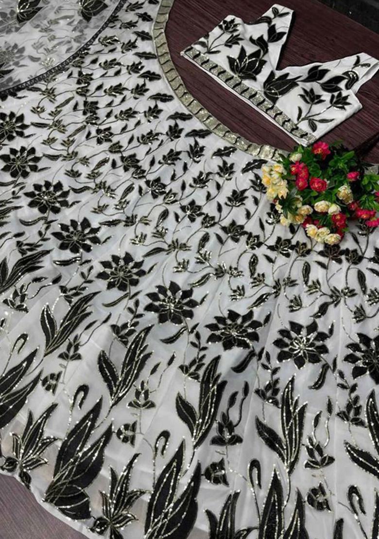 Black And Off White Embroidered Georgette Lehenga Choli