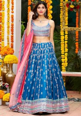 Multicolor Embroidered Chinon Lehenga Choli