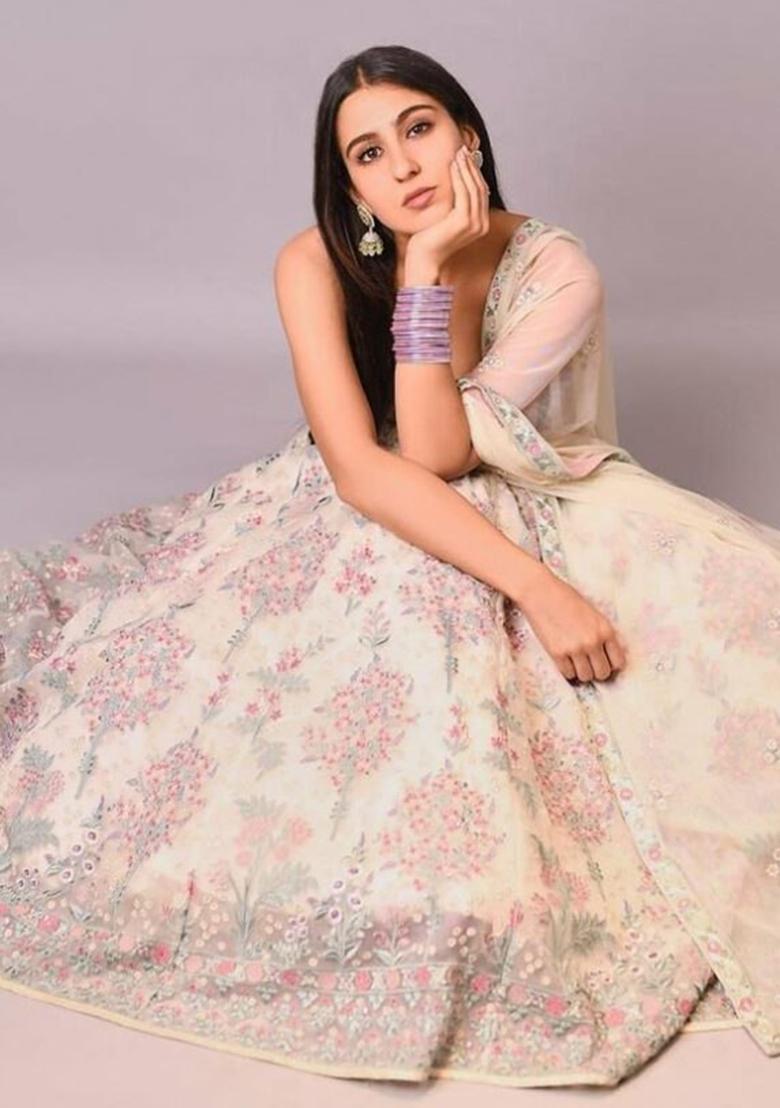 Cream Embroidered Georgette Lehenga Choli