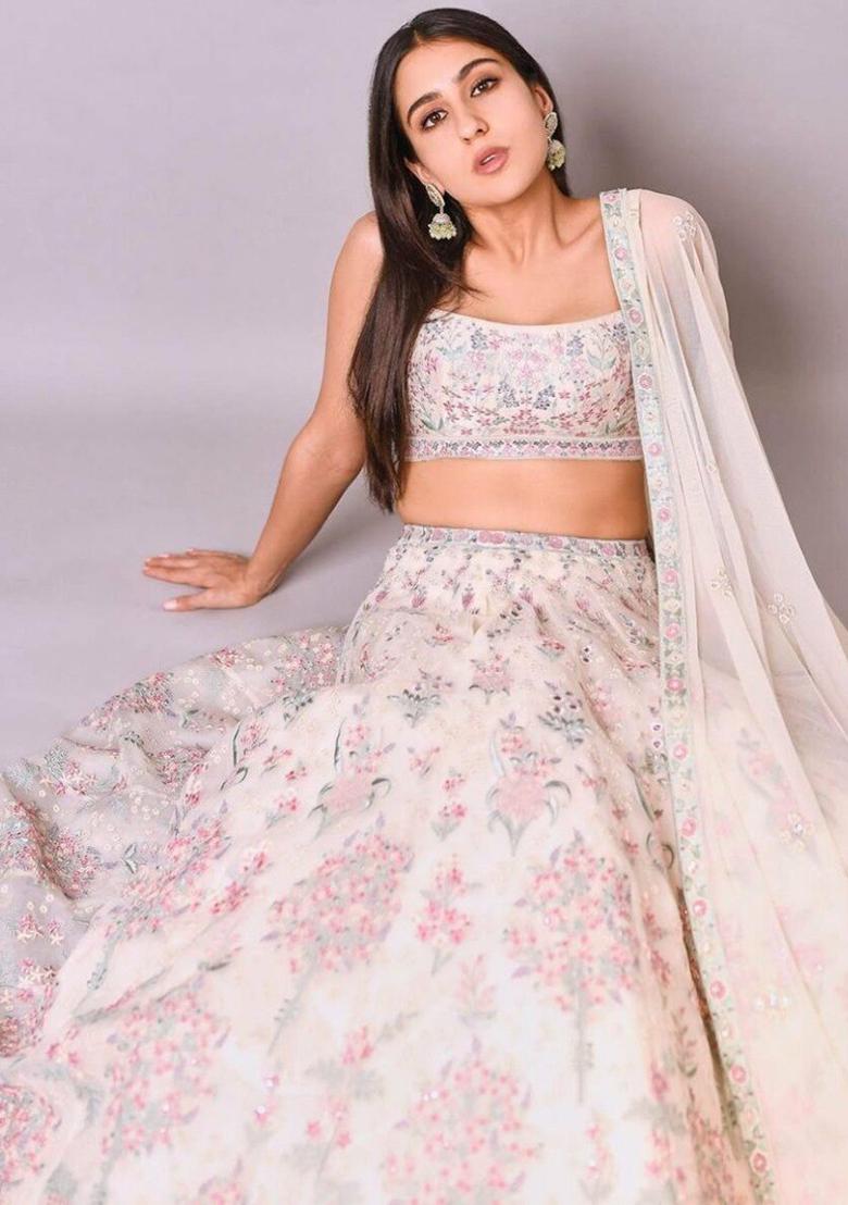 Cream Embroidered Georgette Lehenga Choli - Indya