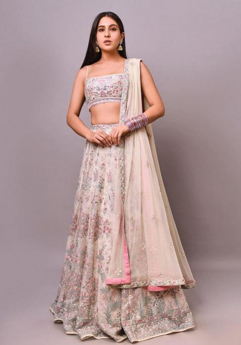 Cream Embroidered Georgette Lehenga Choli