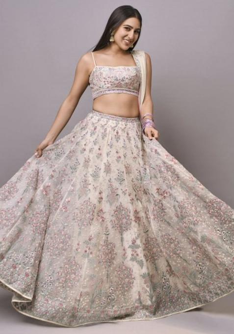 Cream Embroidered Georgette Lehenga Choli