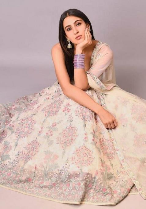 Cream Embroidered Georgette Lehenga Choli