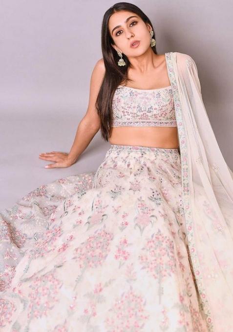 Cream Embroidered Georgette Lehenga Choli