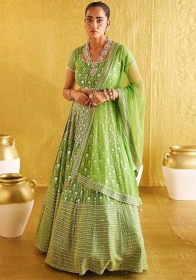 Parrot Green Embroidered Silk Lehenga Choli