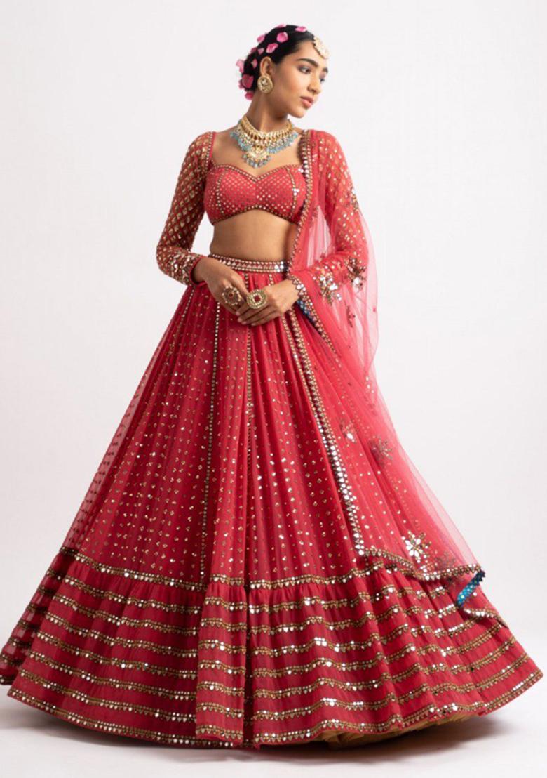 Red Embroidered Georgette Lehenga Choli
