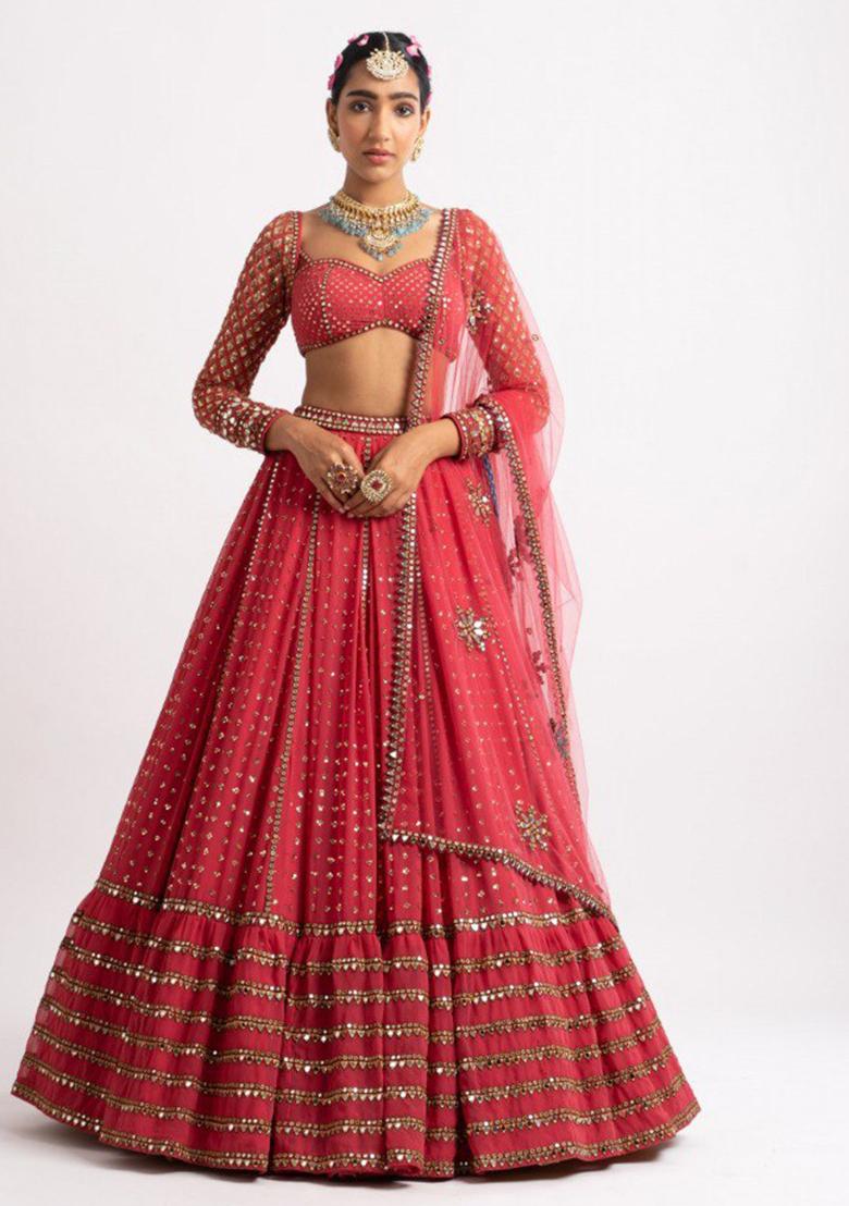 Red Embroidered Georgette Lehenga Choli