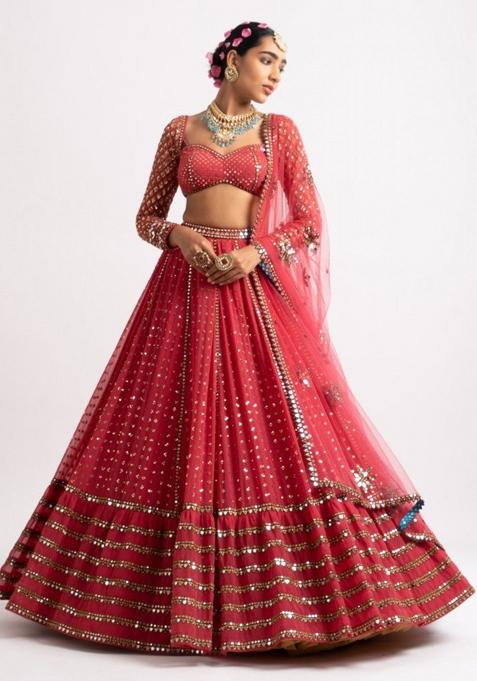 Red Embroidered Georgette Lehenga Choli