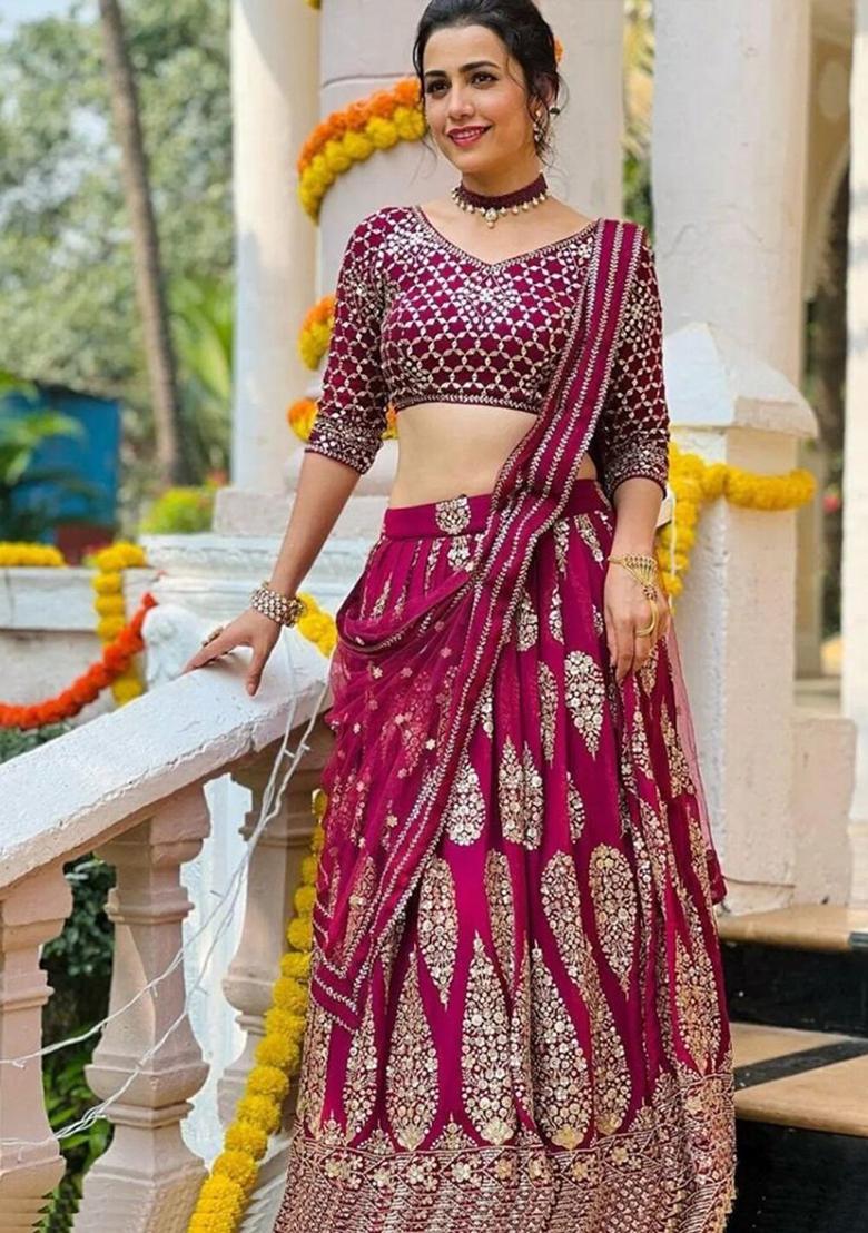 Cherry Red Embroidered Georgette Lehenga Choli