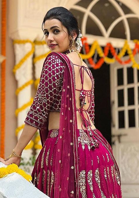 Cherry Red Embroidered Georgette Lehenga Choli