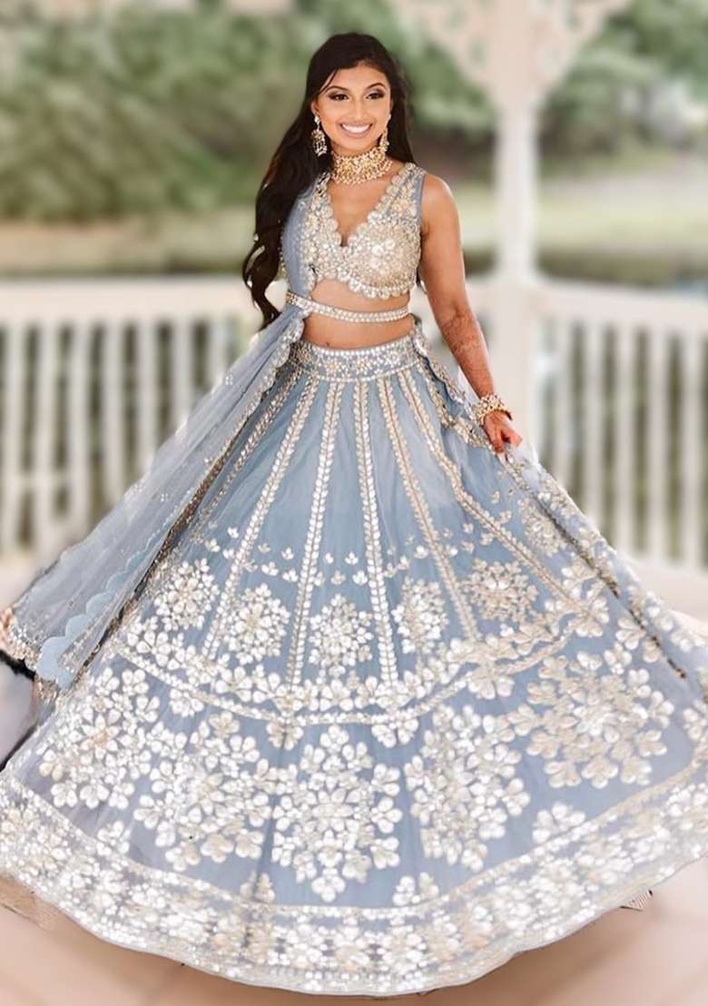 Grey Embroidered Satin Lehenga Choli for Diwali and Festive Wear - Indya