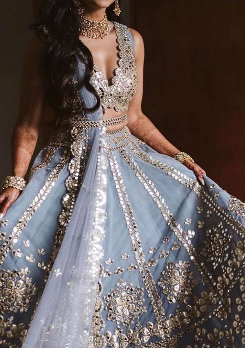 Grey Embroidered Satin Lehenga Choli for Diwali and Festive Wear - Indya