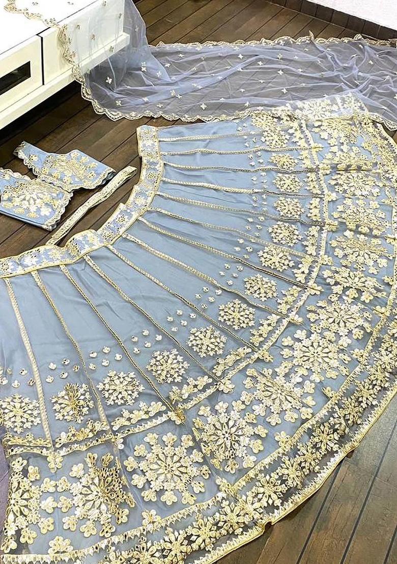 Grey Embroidered Satin Lehenga Choli - Indya