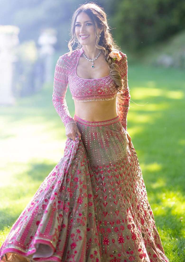 Multicolor Embroidered Georgette Lehenga Choli - Indya