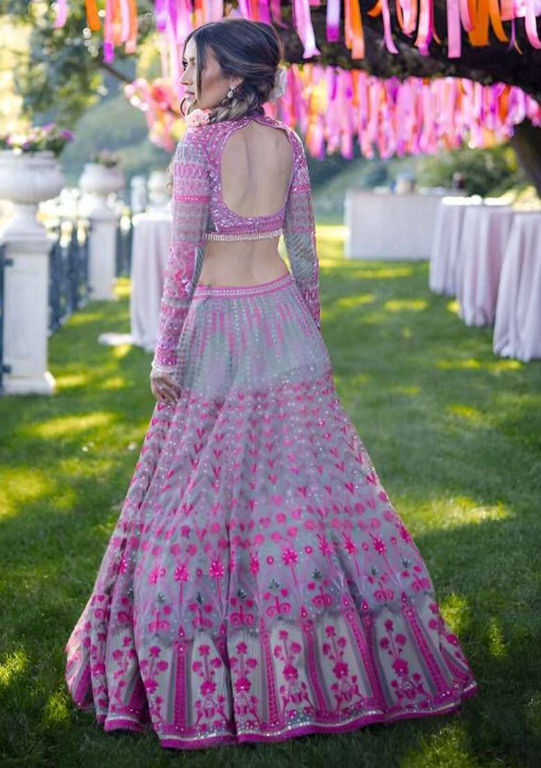 Multicolor Embroidered Georgette Lehenga Choli - Indya