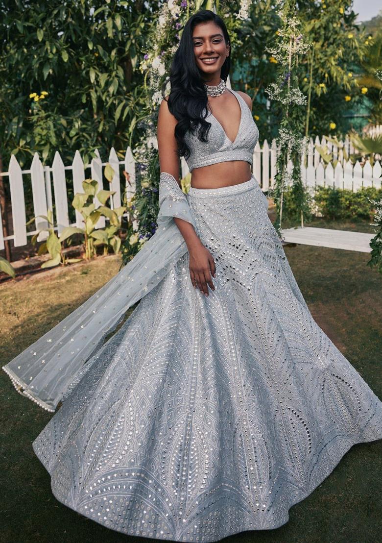 Grey Embroidered Georgette Lehenga Choli