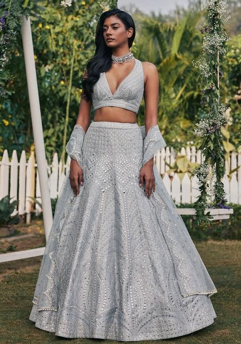 Grey Embroidered Georgette Lehenga Choli